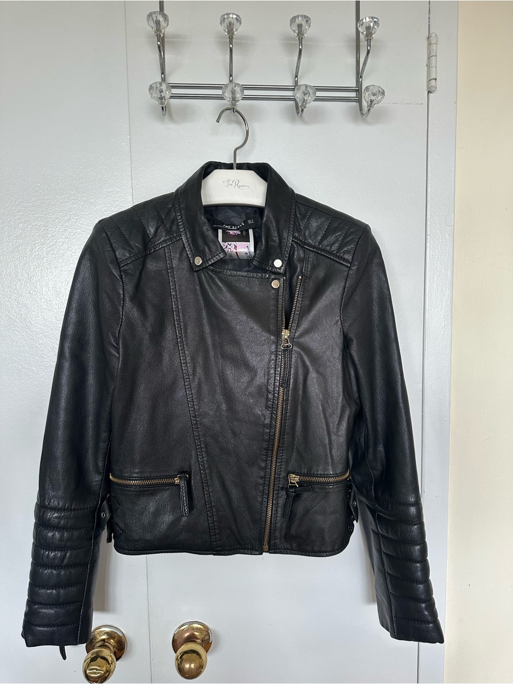 Zara painted Black Leather Moto Jacket with Quilted Sleeves and Gold Hardware